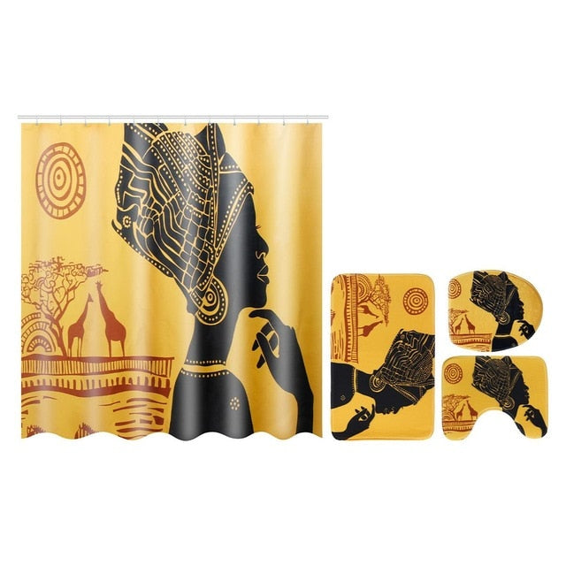 4pcs/set Shower Curtain Bath Mat Set African Woman Pattern Pedestal Rug Lid Toilet Cover Anti-slip Mat Bathroom Curtains