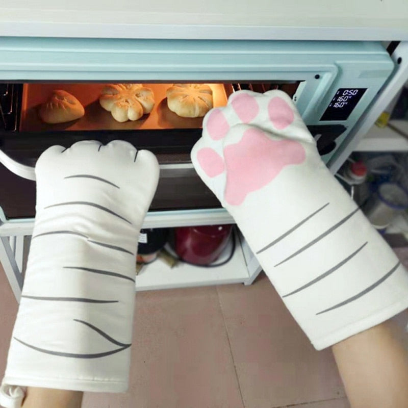 3D Cartoon Cat Paws Oven Mitts Long Cotton Baking Insulation Gloves Microwave Heat Resistant Non-slip Kitchen Gloves