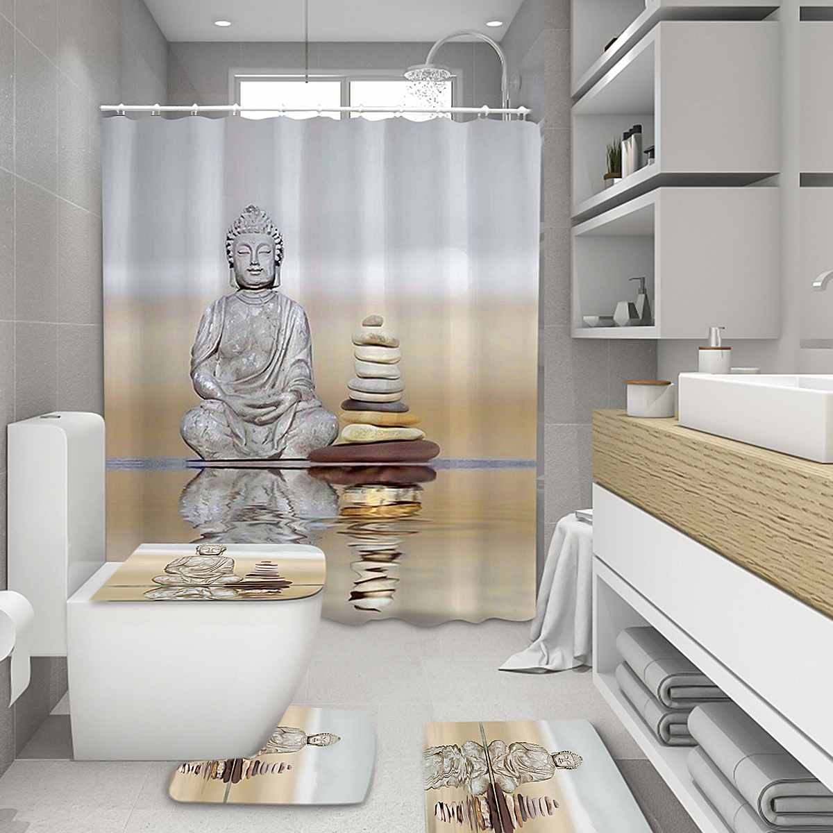 Water Buddha Stone Printed Bathroom Shower Curtains Pedestal Rug Lid Toilet Cover Mat Shower Bath Set Waterproof Rug w/12 Hooks