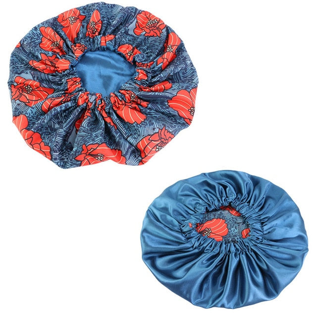 African Print Satin Bonnet With Long Ribbon Wrap Double Layer Headwrap Ankara Pattern Women Hair Cover Large Size Hair Wrap Cap