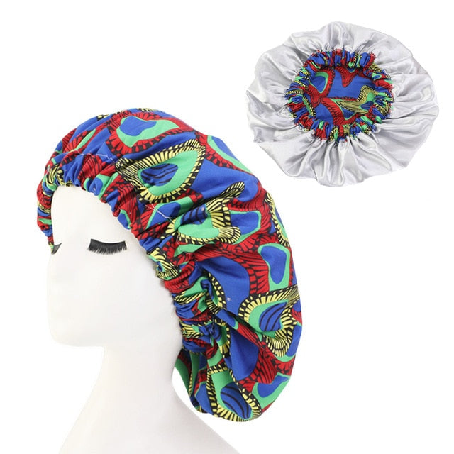 African Print Satin Bonnet With Long Ribbon Wrap Double Layer Headwrap Ankara Pattern Women Hair Cover Large Size Hair Wrap Cap