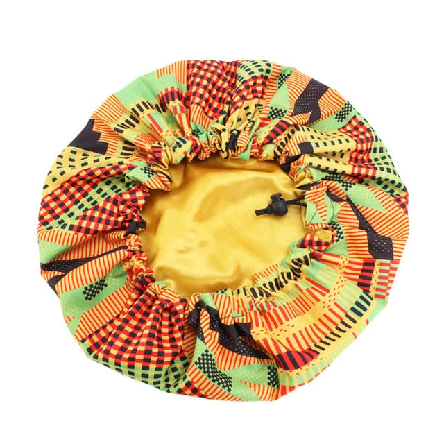 African Print Satin Bonnet With Long Ribbon Wrap Double Layer Headwrap Ankara Pattern Women Hair Cover Large Size Hair Wrap Cap