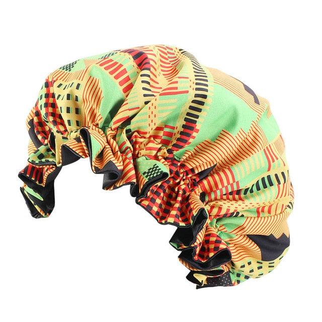 African Print Satin Bonnet With Long Ribbon Wrap Double Layer Headwrap Ankara Pattern Women Hair Cover Large Size Hair Wrap Cap