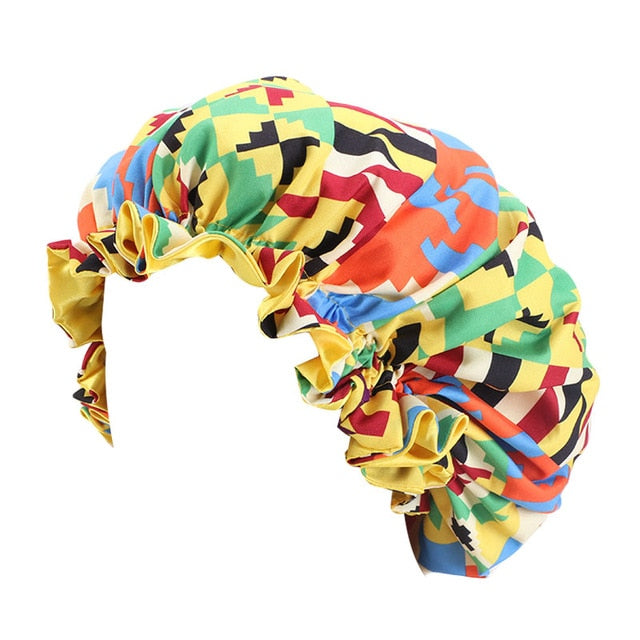 African Print Satin Bonnet With Long Ribbon Wrap Double Layer Headwrap Ankara Pattern Women Hair Cover Large Size Hair Wrap Cap