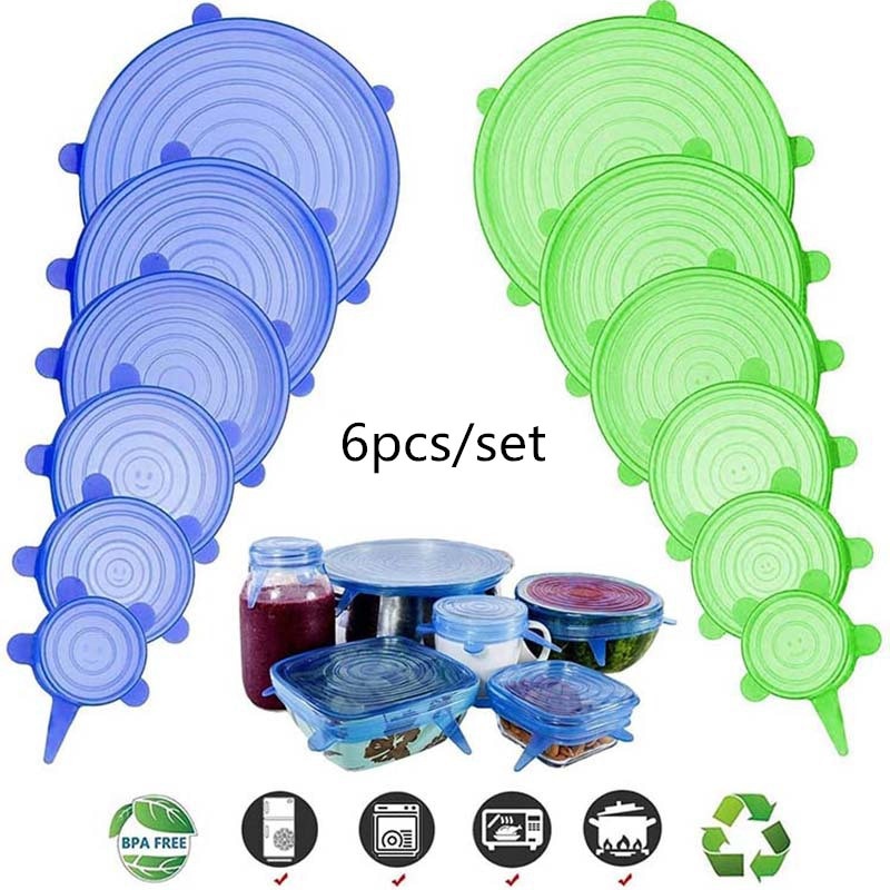 6pcs Silicone Caps Silicone Food Lids Adaptable Silicone Caps Silicone Cap Elastic Silicone Food Cover Cookware Bowl Reusable