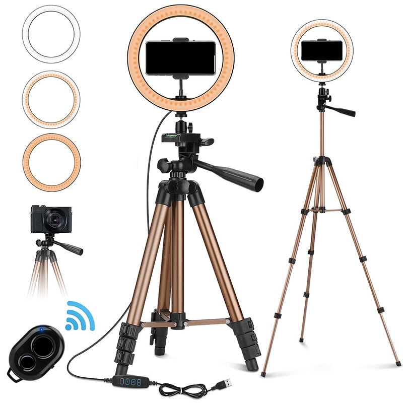 10 Inch Selfie Ring Light with 50 Inch Tripod Stand & Phone Holder for Makeup Live Stream, LED Camera Ring Light with Remote Shu