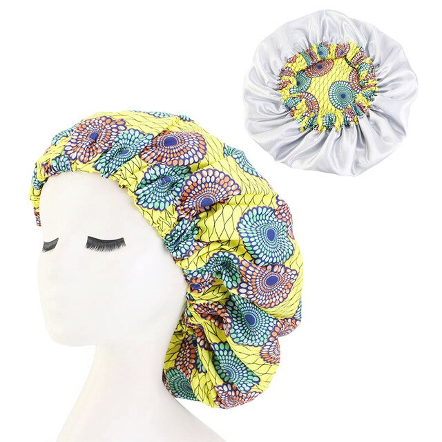 African pattern satin linned bonnet With Long Ribbon headwrap Double Layer Headwrap headscarf Ankara Big Size Women Hair Cover