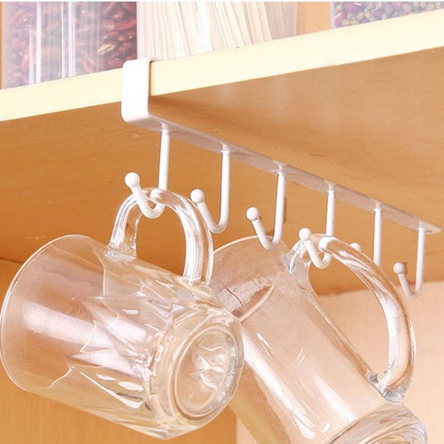 6 Hooks Cup Holder Hang Storage Bathroom Kitchen Organization Tool Cabinet Door Hook Wall Mount Home Holder Hook Hanger