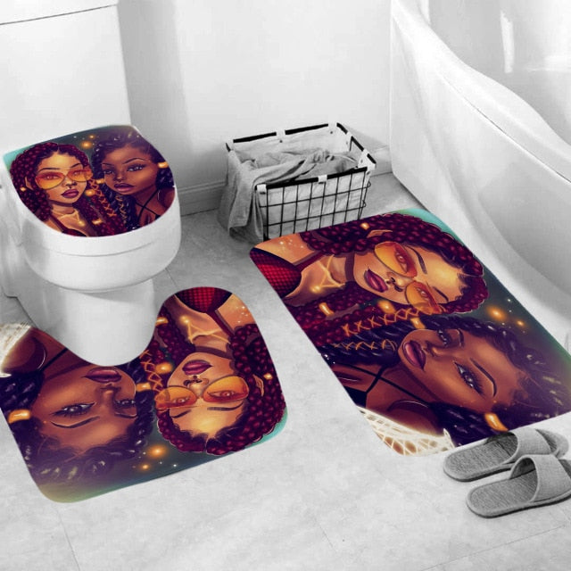 Black Art Afro Mom and Daughter Bathroom Curtains African American Women Shower Curtain Toilet Cover Mat Non-Slip Bath Rug Set