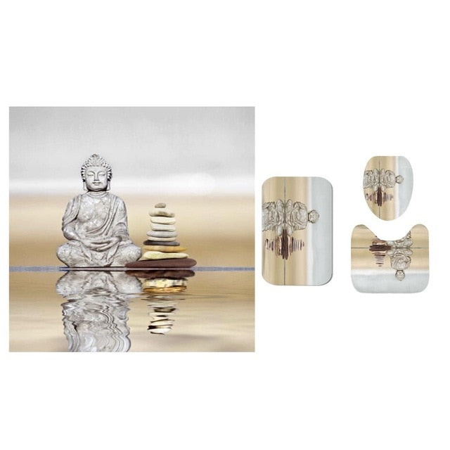 Water Buddha Stone Printed Bathroom Shower Curtains Pedestal Rug Lid Toilet Cover Mat Shower Bath Set Waterproof Rug w/12 Hooks