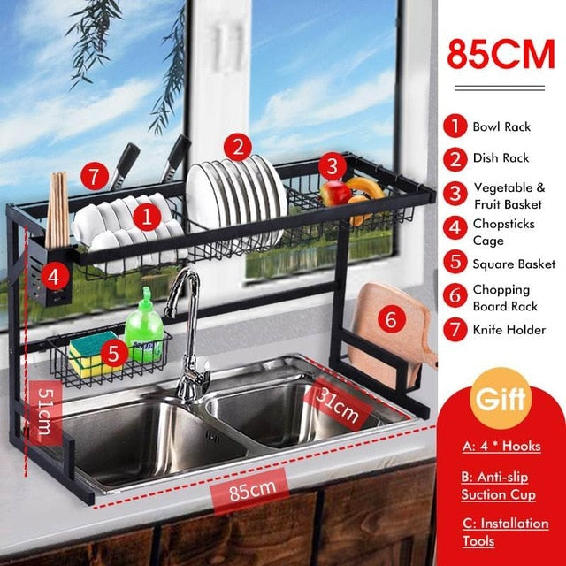 65CM/85CM Over The Sink Stainless Steel Kitchen Rack Dish Bowl Drain Drying Shelf Storage Organizer Holder With 4 Hooks