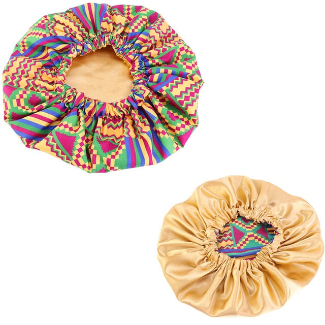 African Print Satin Bonnet With Long Ribbon Wrap Double Layer Headwrap Ankara Pattern Women Hair Cover Large Size Hair Wrap Cap