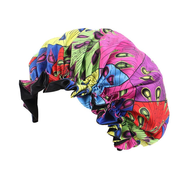 African Print Satin Bonnet With Long Ribbon Wrap Double Layer Headwrap Ankara Pattern Women Hair Cover Large Size Hair Wrap Cap