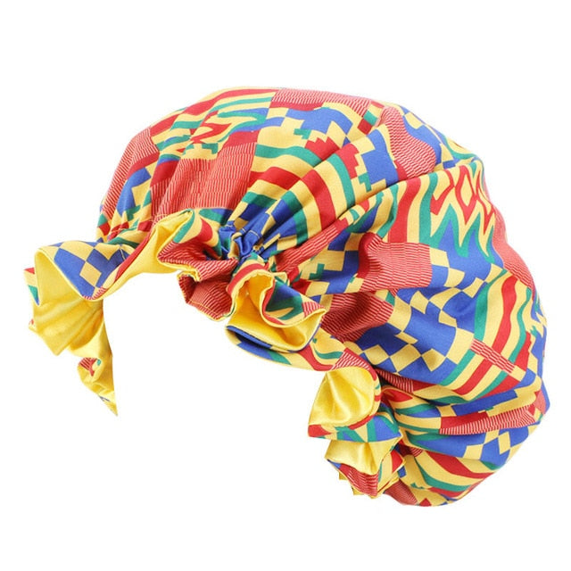 African Print Satin Bonnet With Long Ribbon Wrap Double Layer Headwrap Ankara Pattern Women Hair Cover Large Size Hair Wrap Cap