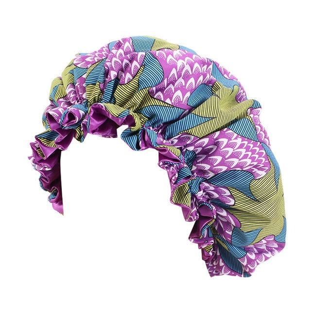 African Print Satin Bonnet With Long Ribbon Wrap Double Layer Headwrap Ankara Pattern Women Hair Cover Large Size Hair Wrap Cap