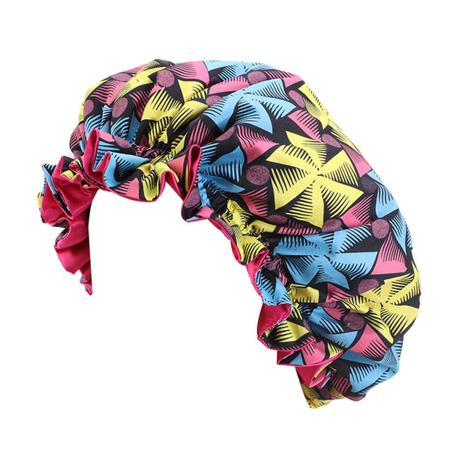African Print Satin Bonnet With Long Ribbon Wrap Double Layer Headwrap Ankara Pattern Women Hair Cover Large Size Hair Wrap Cap