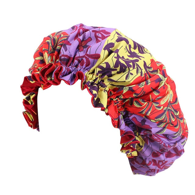 African Print Satin Bonnet With Long Ribbon Wrap Double Layer Headwrap Ankara Pattern Women Hair Cover Large Size Hair Wrap Cap