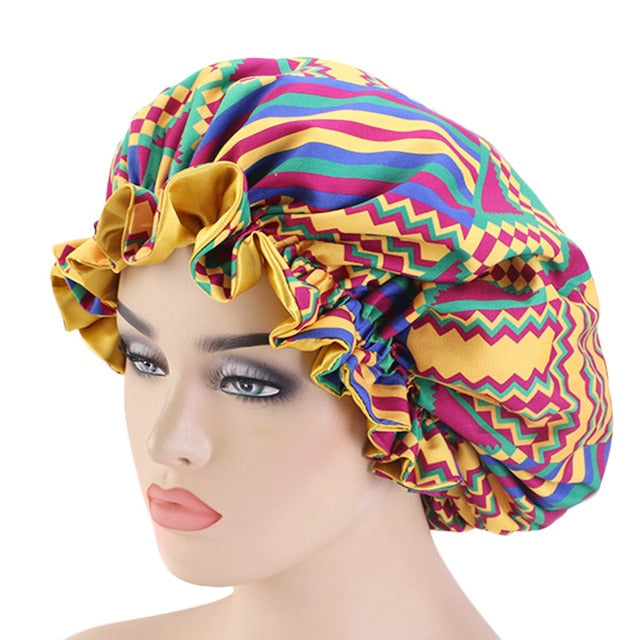 African Print Satin Bonnet With Long Ribbon Wrap Double Layer Headwrap Ankara Pattern Women Hair Cover Large Size Hair Wrap Cap