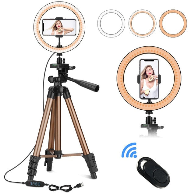 10 Inch Selfie Ring Light with 50 Inch Tripod Stand & Phone Holder for Makeup Live Stream, LED Camera Ring Light with Remote Shu